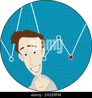 Worried man with a graph showing a red spot in the background round sticker label Stock Vector