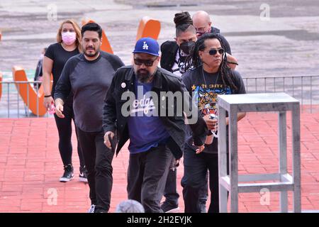 Mexico City, Mexico. October 21, 2021, Integrants of Mexican band Panteon Rococo arrive at press conference to launch the latest album ‘ Ofrenda’ at Palacio de los Deportes. On October 21, 2021 in Mexico City, Mexico. (Photo by Carlos Tischler/ Eyepix Group) Stock Photo