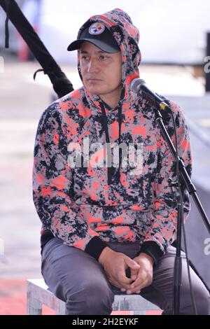 Mexico City, Mexico. October 21, 2021, Missael integrant   of Mexican band Panteon Rococo speaks during a  press conference to launch the latest album ‘ Ofrenda’ at Palacio de los Deportes. On October 21, 2021 in Mexico City, Mexico. (Photo by Carlos Tischler/ Eyepix Group) Stock Photo