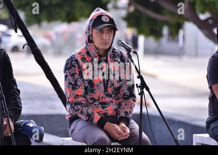 Mexico City, Mexico. October 21, 2021, Missael integrant   of Mexican band Panteon Rococo speaks during a  press conference to launch the latest album ‘ Ofrenda’ at Palacio de los Deportes. On October 21, 2021 in Mexico City, Mexico. (Photo by Carlos Tischler/ Eyepix Group) Stock Photo