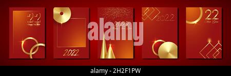 set cards 2022 Happy New Year gold texture, golden luxury red modern background, elements for calendar and greetings card or Christmas themed winter Stock Vector