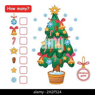 How many counting education game for preschool children. Math count number holiday Christmas tree decoration toys, bells, glass balls, fir cone Vector Stock Vector