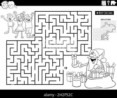 Black and white cartoon illustration of educational maze puzzle game with Santa Claus giving children Christmas presents coloring book page Stock Vector