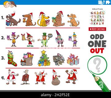 Cartoon illustration of odd one out picture in a row educational game for children with Christmas holiday characters and objects Stock Vector