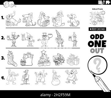 Black and white cartoon illustration of odd one out picture in a row educational game for children with Christmas holiday characters and objects color Stock Vector