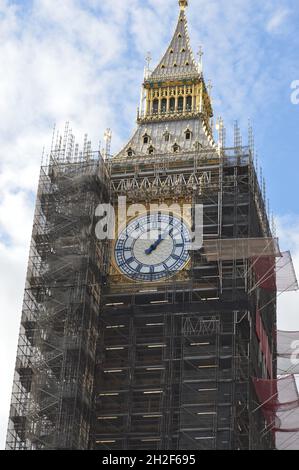 London, UK. October 14, 2021. Big Ben - Elizabeth Tower is undergoing restoration and is covered in scaffolding, due to be completed in 2022.
