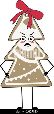 Cute Christmas tree character with grumpy face and bunting. Black ...