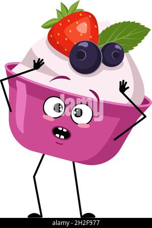 Cute cake or yogurt character with emotions in a panic grabs his head, face, arms and legs. The funny or sad sweet food, dessert with eyes. Vector flat illustration Stock Vector