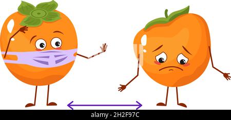 Cute persimmon characters with emotions, face and mask keep distance, arms and legs. People made of fruits or vegetables. The funny or sad hero. Vector flat illustration Stock Vector