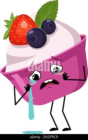 Cute cake or yogurt character with crying and tears emotions, face, arms and legs. The funny or sad sweet food, dessert with eyes. Vector flat illustration Stock Vector