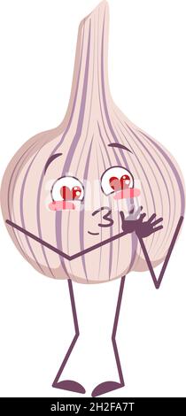 Cute garlic characters falls in love with eyes hearts, face, arms and legs. The funny or smile emotions hero, vegetable. Vector flat illustration Stock Vector