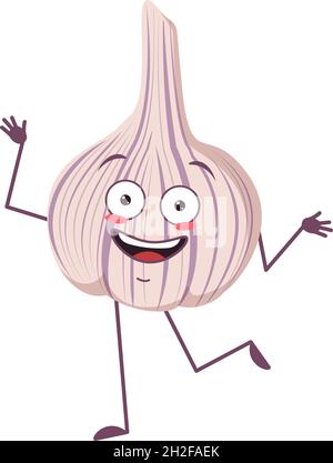 Cute garlic characters cheerful with emotions dancing, face, arms and legs. The funny, happy or smile emotions hero, vegetable. Vector flat illustration Stock Vector