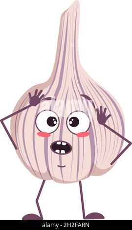 Cute garlic characters with emotions in a panic grabs his head, face, arms and legs. The funny or sad hero, vegetable. Vector flat illustration Stock Vector