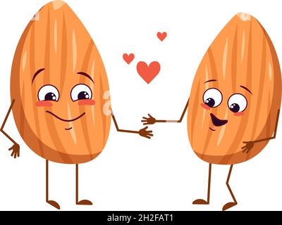 Cute almond characters with love emotions, face, arms and legs. The funny or happy food heroes, nuts fall in love. Vector flat illustration Stock Vector