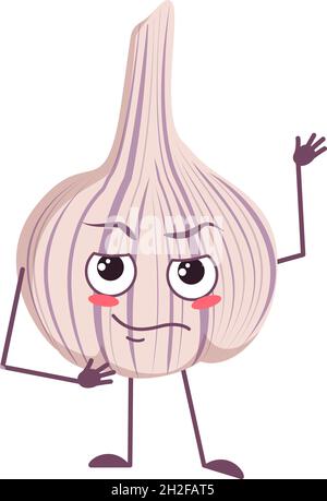 Cute garlic characters with emotions, face, arms and legs. The funny or proud, domineering hero, vegetable with eyes. Vector flat illustration Stock Vector