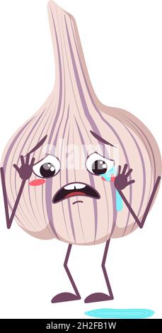 Cute garlic characters with crying and tears emotions, face, arms and legs. The funny or sad hero, vegetable. Vector flat illustration Stock Vector