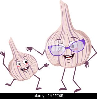 Cute garlic characters with emotions, face. Funny grandmother with glasses and dancing grandson with arms and legs. The happy hero, vegetable. Vector flat illustration Stock Vector