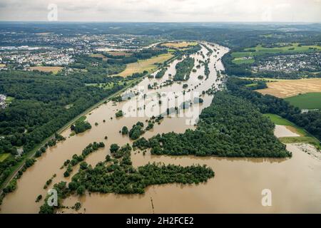 Aerial photograph, Ruhr flood, Essen-Altenessen city limits, flooding, Dahlhausen, Bochum, Ruhr area, North Rhine-Westphalia, Germany Stock Photo