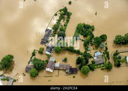 Aerial photograph, Ruhr flood, Essen-Altenessen city limits, flooding, Dahlhausen, Bochum, Ruhr area, North Rhine-Westphalia, Germany Stock Photo