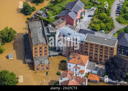 LuftbilAerial view, Ruhr flood, flooding,Bürscher Mühle, Seniorenheim, , Baak, Hattingen, Ruhrgebiet, North Rhine-Westphalia, Germany, Luftbild, Ruhrh Stock Photo