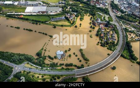 LuftAerial view, Ruhr flood, flooding,Camping Ruhrbrücke in Hattingen, Baak, Hattingen, Ruhrgebiet, North Rhine-Westphalia, Germany, Luftbild, Ruhrhoc Stock Photo