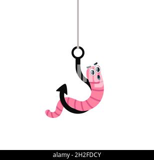 Cartoon worm on a hook. Emotion horror. vector illustration. character Stock Vector