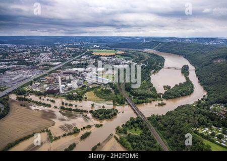 Aerial view, Ruhr flood, Hengsteysee with Lennemündung, Syburg, Dortmund, Ruhr area, North Rhine-Westphalia, Germany, DE, Europe, birds-eyes view, aer Stock Photo
