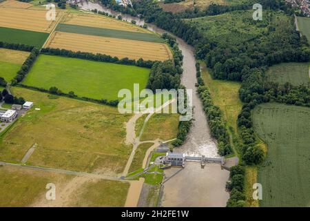 Aerial photo, Ruhr flood, Ense Wickede barrage, flood after heavy rainfall, Waltringen, Ense, Sauerland, North Rhine-Westphalia, Germany, DE, Europe, Stock Photo