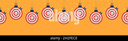 Christmas target dash seamless horizontal pattern. Hang on a thread flat cartoon target as a Christmas ball on horizontal background. Sport Vector ill Stock Vector