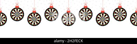 Christmas dart seamless horizontal pattern. Hang on a thread flat cartoon as a Christmas dartboard ball on white horizontal background. Sport Vector i Stock Vector
