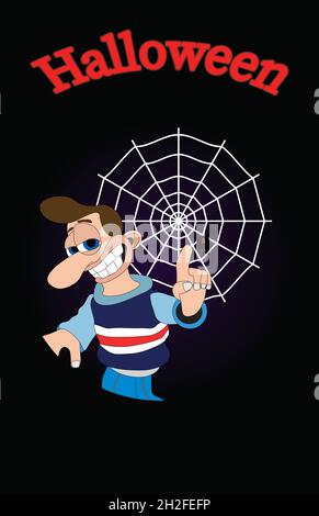 Man with a cheeky smile and big nose pointing at a black widow round sticker label Stock Vector