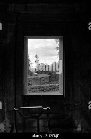 View of the Rose Garden through the window of the Italian Formal Garden - Designed by the Olmsted Brothers at the Crane Estate. Captured in BW film Stock Photo