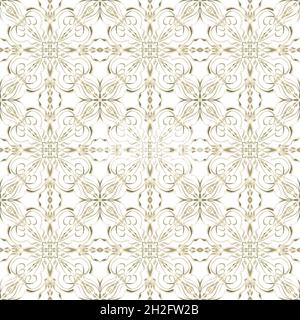 Seamless abstract geometric floral surface pattern in golden color with symmetrical form repeating horizontally and vertically. Use for fashion design Stock Photo