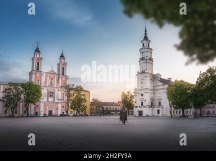 Old Town Hall and St. Francis Xavier Church at Kaunas Town Hall Square - Kaunas, Lithuania Stock Photo