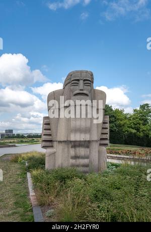 Kanklininkas Sculpture - man playing the kankles instrument - created by Robertas Antinis in 1968 - Kaunas, Lithuania Stock Photo