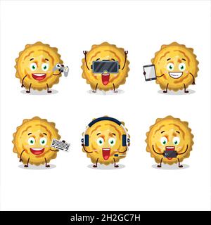 Custard tart cartoon character are playing games with various cute emoticons. Vector illustration Stock Vector