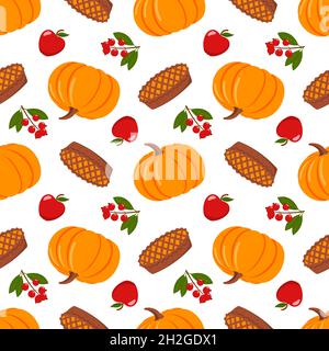 Seamless pattern with pumpkins, pumpkin pie, red apples and berries. Flat vector illustration on white background Stock Vector