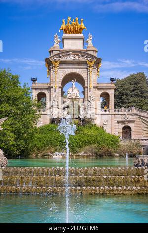 Barcelona, Spain - September 20, 2021: View of the fountain from Parc de la Ciutadella. A small lake, museums, and a large fountain designed by Josep Stock Photo