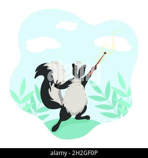 Cute funny skunk holding a magic wand, wild animals, vector character in cartoon style, clip art on a white background Stock Vector