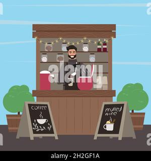 Stall counter. The guy sells mulled wine. Hot drinks. Vector illustration Stock Vector