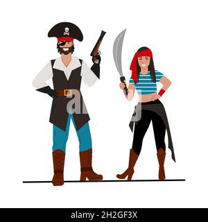 Bundle Pirate. A couple of pirate girls and a guy, different pirate items. Vector illustration Stock Vector
