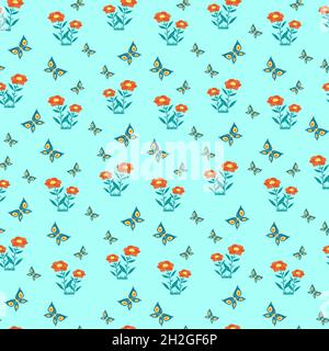 Flowers and butterflies seamless pattern. Vector print in flat style Stock Vector