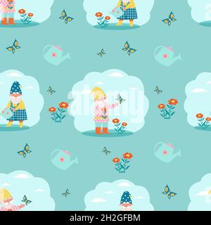 Cute gnomes watering flowers seamless pattern. Vector print in flat style Stock Vector