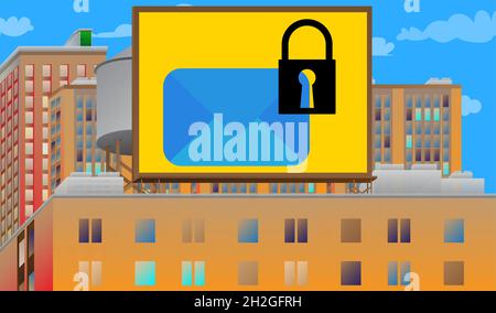 Sending encrypted E-Mail protection blue secure mail internet symbol on a billboard sign atop a brick building. Outdoor advertising in the city. Large Stock Vector