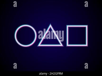 Neon geometric shapes with glitchy glowing. Shiny circle, triangle and square on black background for party or quest invitation. Stock Vector