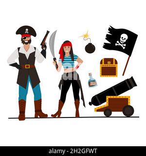 Bundle Pirate. A couple of pirate girls and a guy, different pirate items. Vector illustration. Stock Vector