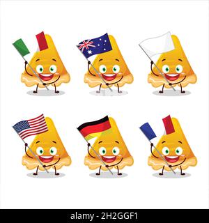 Slice of egg tart cartoon character bring the flags of various countries. Vector illustration Stock Vector