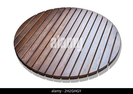 Round table top made of wooden slats for outdoor table isolated on white background upper view Stock Photo