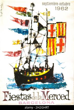 Cartel de Sebastián Rey Padilla, 'Fiestas de la Merced de Barcelona. Septiembre-octubre 1962'. Colección privada. Author: DANIEL GIRALT-MIRACLE. Stock Photo