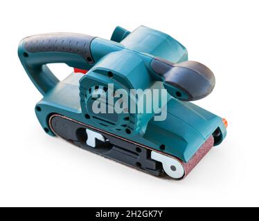 construction tool, grinder on wood on white isolated background Stock Photo